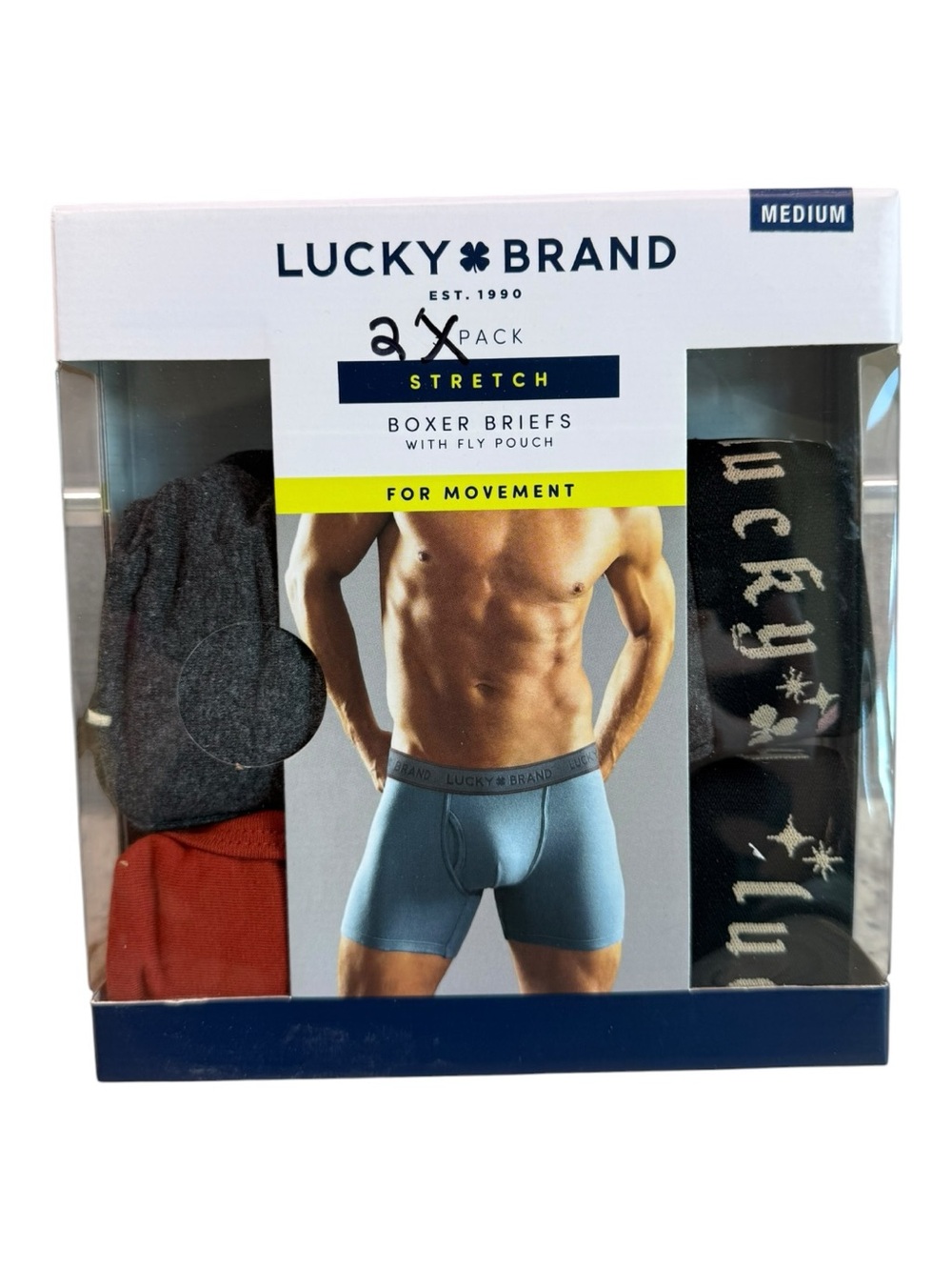 Lucky Brand Men's 2 Stretch Boxer Briefs With Fly Pouch Medium (32-34) Gray/ Red